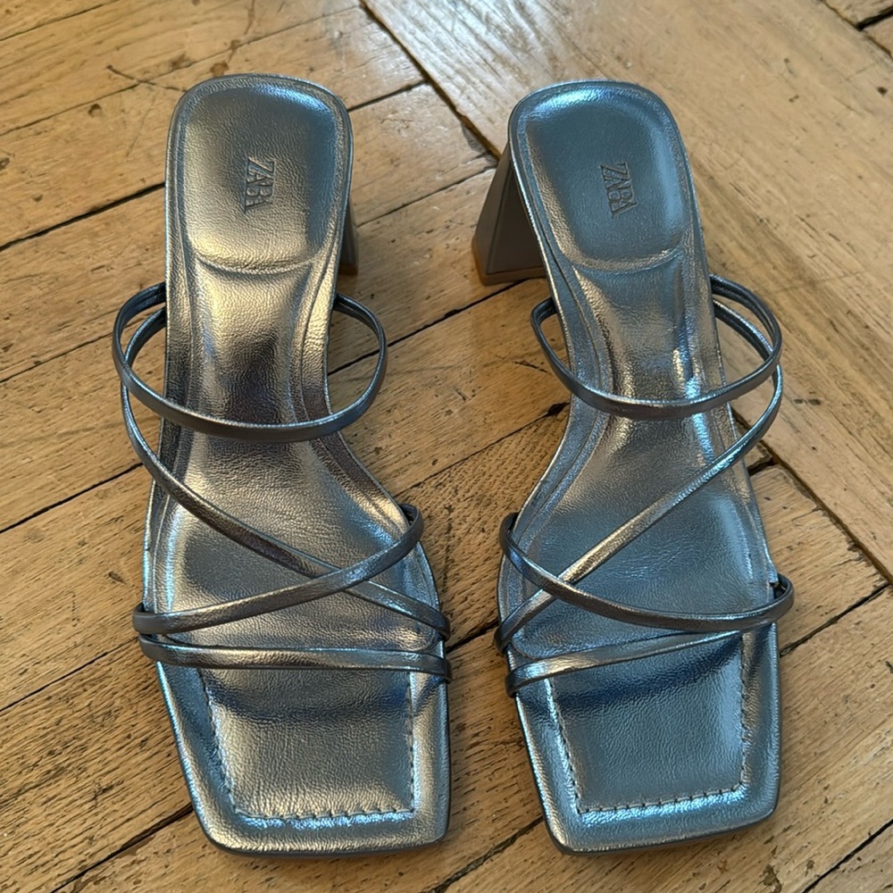 Zara Blue Metallic Heeled Sandals